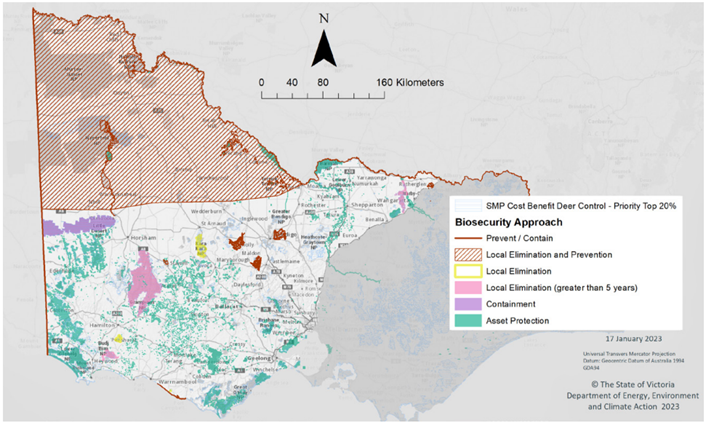 Figure. 1: Map of priority values for protection based on biosecurity principles and high cost-benefit areas for deer control (Strategic Management Prospects) for the West Victoria Deer Plan regional area.