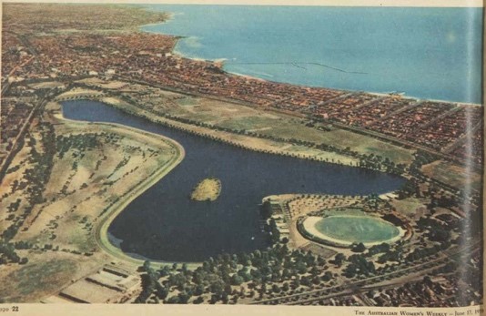 Aerial view of Albert Park Lake 1959