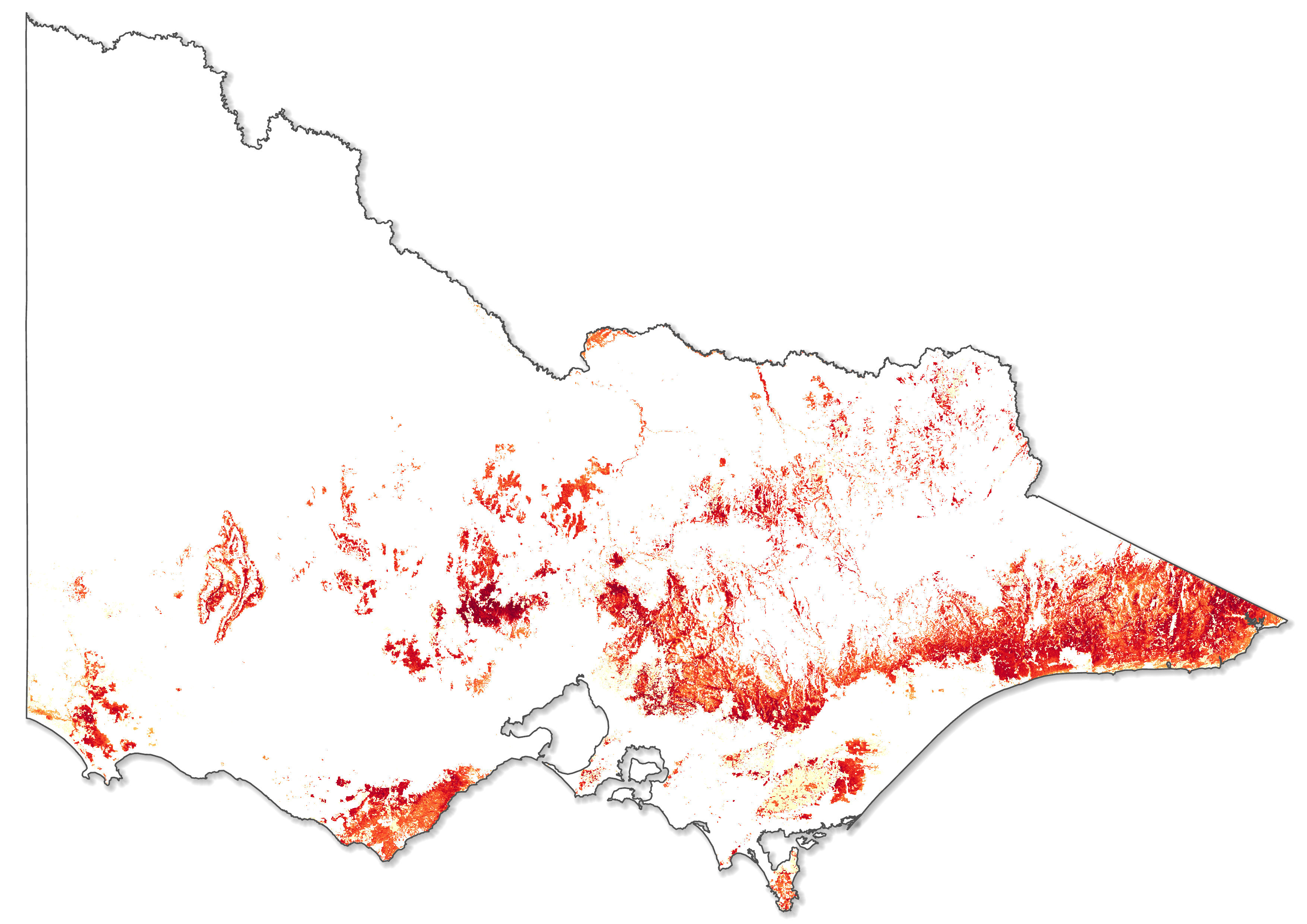 A map of Victoria showing the Habitat Distribution Model for the Powerful Owl (Ninox strenua). Distribution is symbolised on the map as pixels on a red, orange and yellow gradient. 