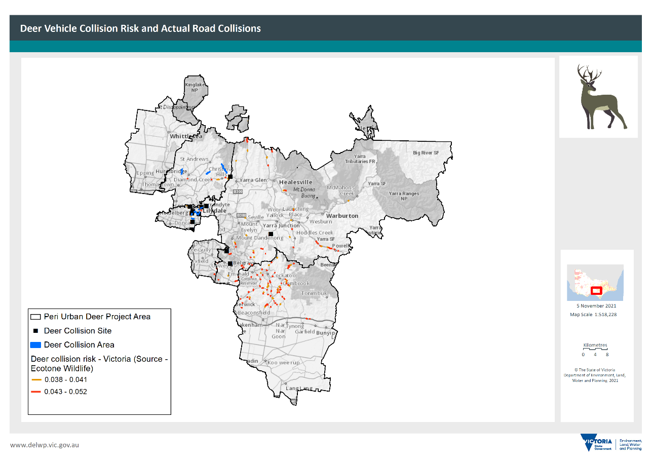 Map of deer-vehicle collision hotspots (risk areas and collisions) in the peri-urban plan area.