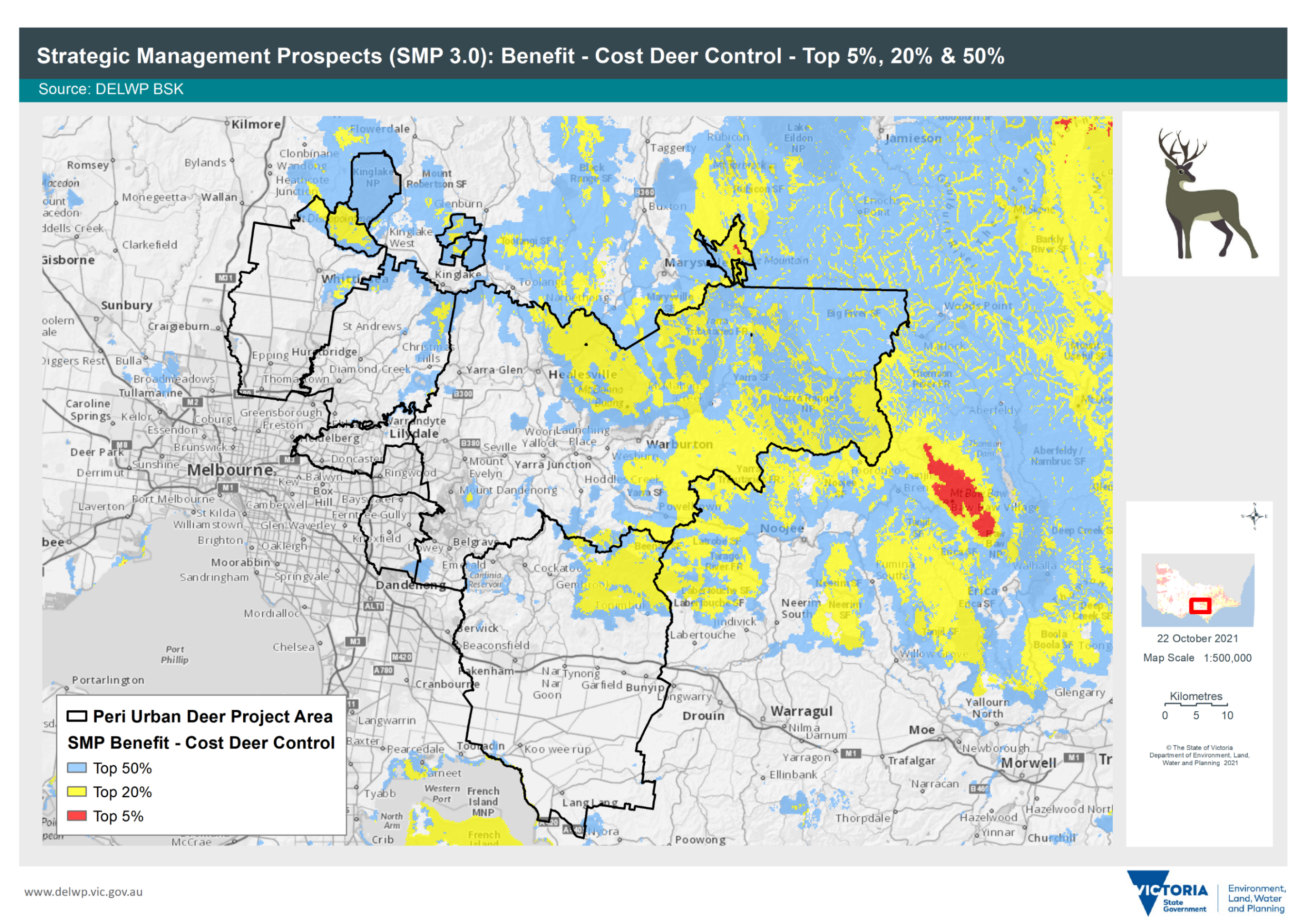 Map of Victoria shaded with top five and twenty percent of Strategic Management Prospects across the state. Map shows Peri-urban, West and East Plan boundaries. 