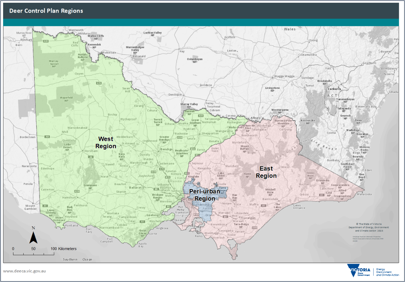 Figure 1. Deer control plan regions: Map showing the three deer control plan regions, being Peri-urban, East and West deer plan regions, which together cover the whole state.