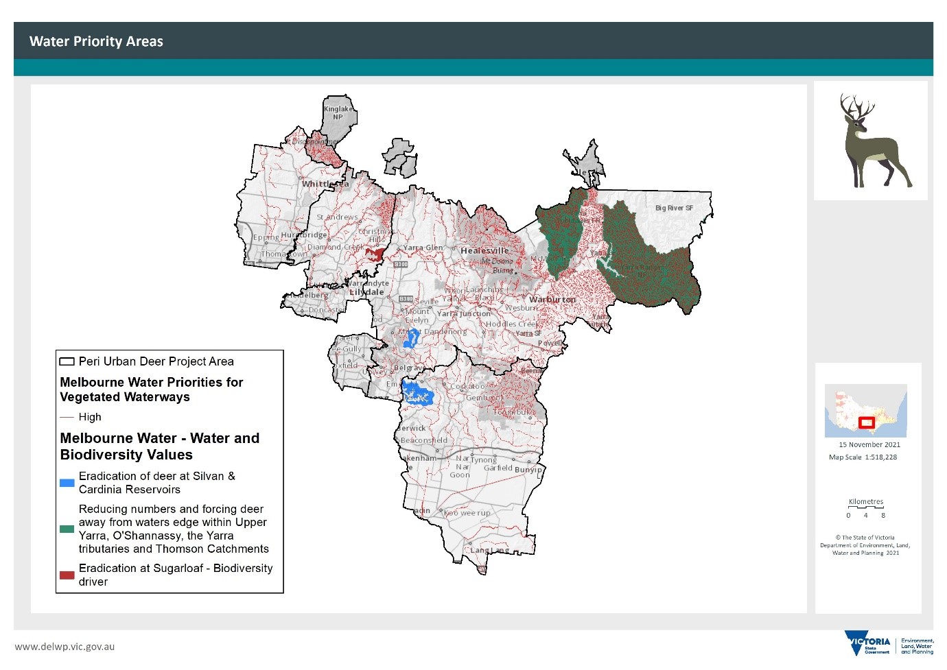 Map of peri-urban area showing high value vegetated waterways and reservoirs where eradication or reduction of deer is a priority.