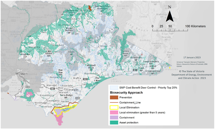 Figure. 1: Map of priority values for protection based on biosecurity principles and high cost-benefit areas for deer control (Strategic Management Prospects) for the East Victoria Deer Plan regional area.