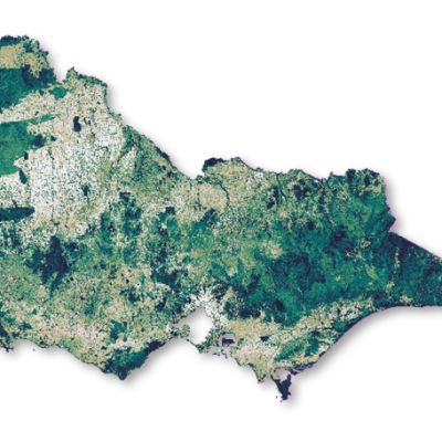 A map of Victoria covered in blue, green, and yellow pixels. Highly ranked places are the darkest blue areas, while the lowest ranked places are yellow.