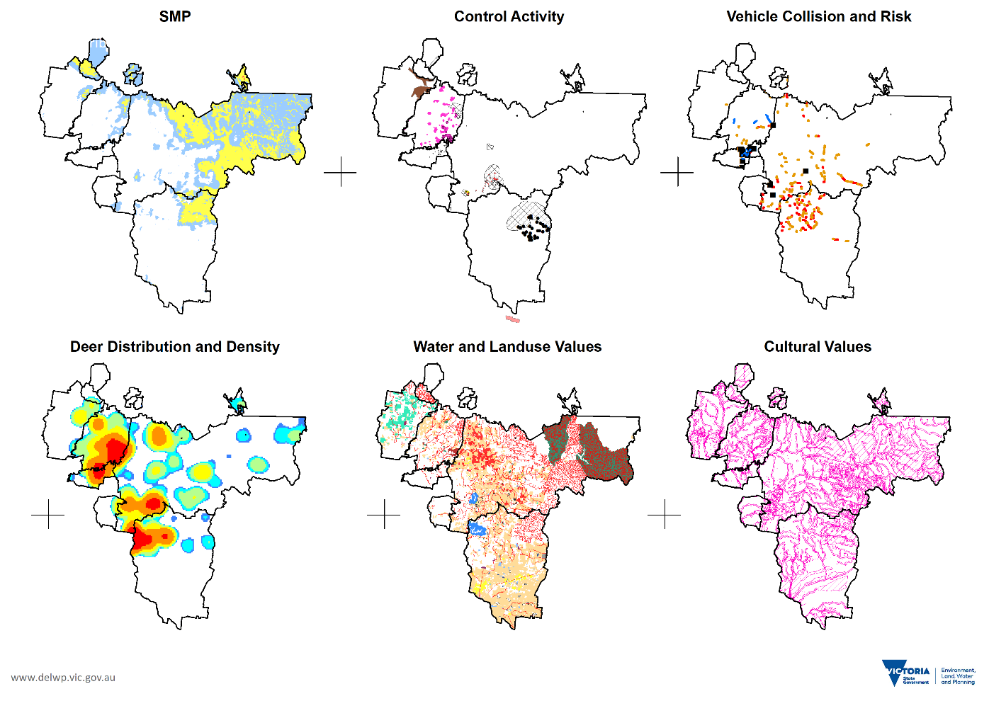Six maps of the peri-urban area, including Strategic Management Prospects, Control Activity, Vehicle Collision and Risk, Deer Distribution and Density, Water and Landuse Values, and Cultural Values.
