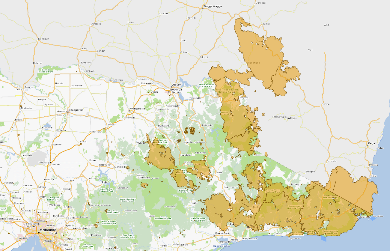 A map of Victoria and southern New South Wales, with highlighted area indicating the coverage of the 2019-2020 bushfires in that region.