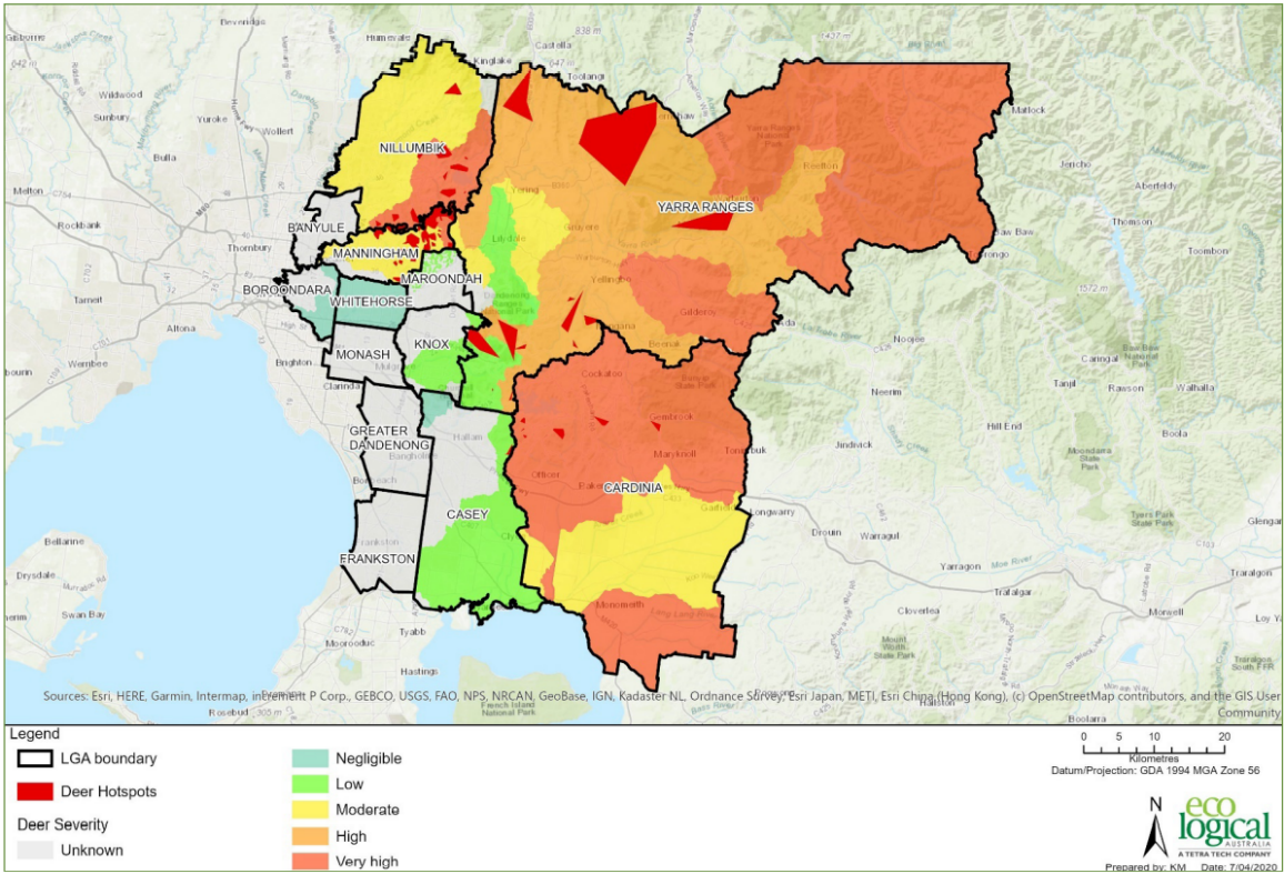 Eastern Region Pest Animal Network (ERPAN) map of deer threats (2020)