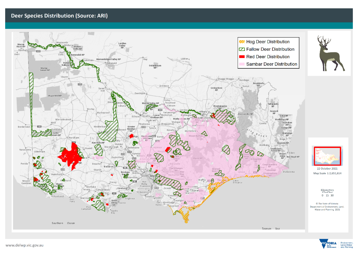 Map showing the distribution of four species of deer in Victoria.