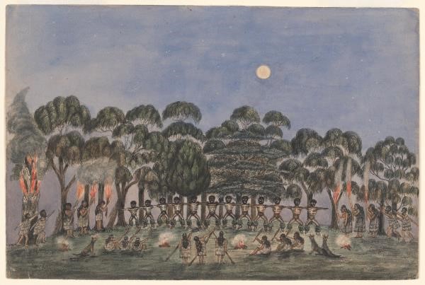 A historic image of an Aboriginal corroboree at the site.
