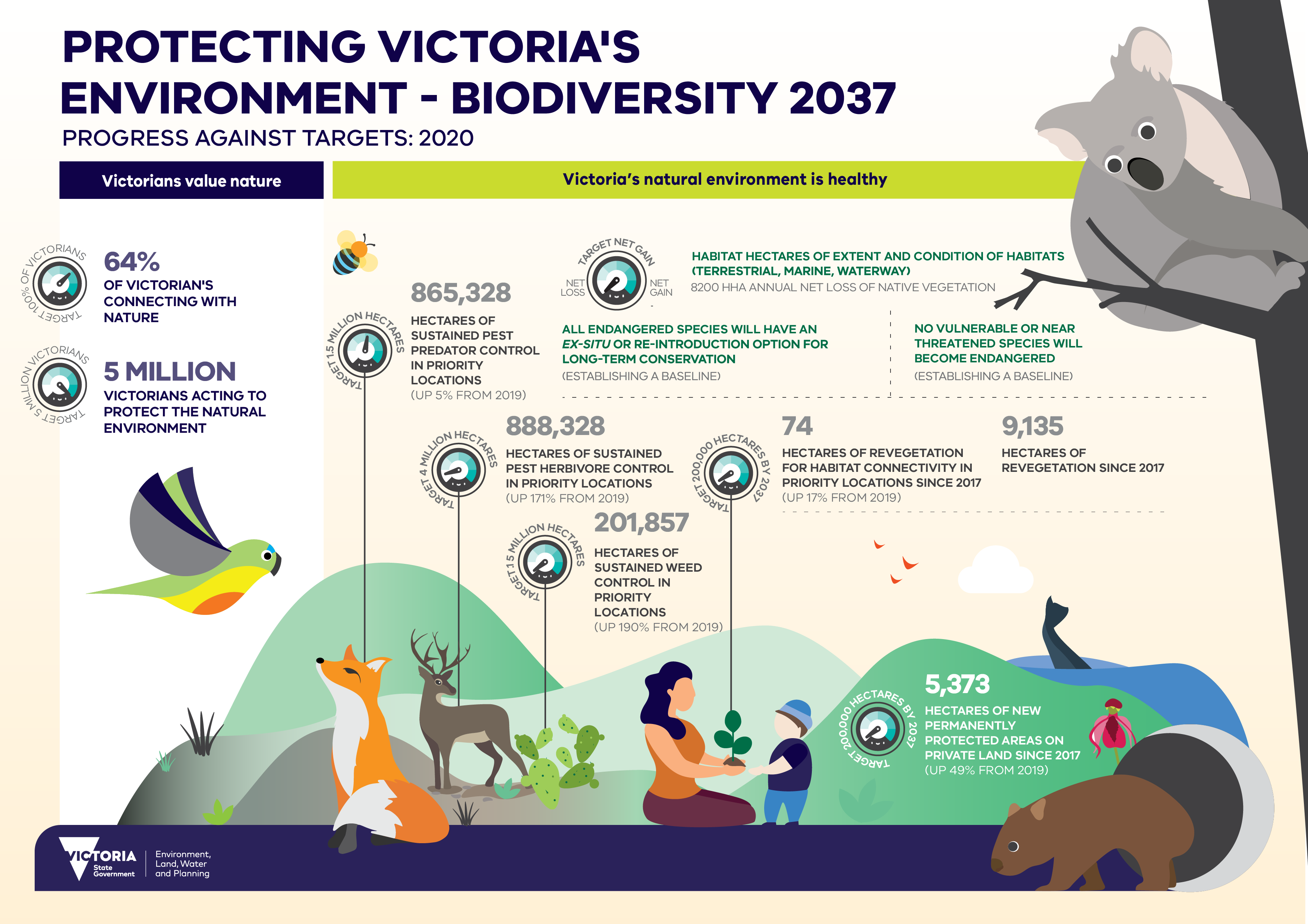 This infographic describes how Victoria is tracking against the targets in Protecting Victoria's Environment - Biodiversity 2037 in 2020. It features a header with the text ‘Protecting Victoria’s Environment - Biodiversity 2037 progress against targets: 2020’. It has the DELWP Victorian Government logo in the bottom left corner. The infographic features several designed graphics of animals, plants, landscapes, and people. It also features invasive species such as foxes and deer.  Under the title are two columns that show progress against the Biodiversity 2037 Plan targets in 2020 with corresponding graphical icons, they include the following:  Victorians Value Nature  *First icon with text ‘Target 100% of Victorians’ oNext to the icon is the text ‘64% of Victorian’s connecting with nature’  *Second icon with text ‘Target 5 million Victorians’ oNext to the icon is the text ‘5 million Victorians acting to protect the natural environment’  Victoria’s natural environment is healthy  *Third icon with text ‘Net loss’ on the left side, then ‘target net gain’ in the centre, then ‘net gain’ on the right side. oNext to the icon is the text ‘Habitat hectares of extent and condition of habitats (terrestrial, marine, waterway) Under this is the result from this with the text ‘8200 hectares annual net loss of native vegetation’ oUnder this is the text ‘All endangered species will have an ex-situ or re-introduction option for long-term conservation’ Under this is the result from this with the text ‘establishing a baseline’ oUnder this is the text ‘No vulnerable species or near threatened species will become endangered’ Under this is the result from this with the text ‘Establishing a baseline’  *Fourth icon with text ‘Target 1.5 million hectares’ oNext to the icon is the text ‘865,328 hectares of sustained pest predator control in priority locations’  *Fifth icon with text ‘Target 4 million hectares’ oNext to the icon is the text ‘888,328 hectares of sustained pest herbivore control in priority locations’     *Sixth icon with text ‘Target 200,000 hectares’ oNext to the icon is the text ‘74 hectares of revegetation for habitat connectivity in priority locations since 2017’ and ‘9,135 hectares of revegetation since 2017’  *Seventh icon with text ‘Target 1.5 million hectares’ oNext to the icon is the text ‘201,857 hectares of sustained weed control in priority locations’  *Eighth icon with text ‘Target 200,000 hectares’ oNext to the icon is the text ‘5,373 hectares of new permanently protected areas on private land since 2017’  That is the end of the infographic.