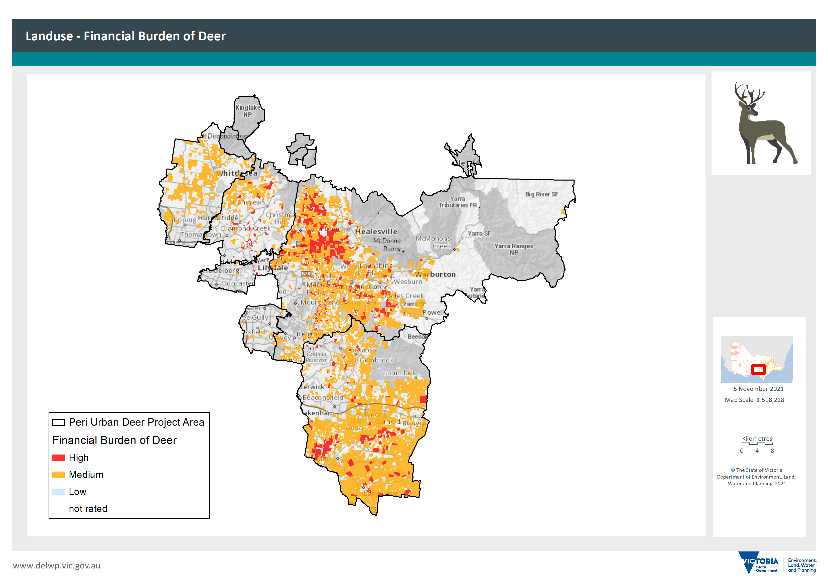 Map of Peri-urban Plan, showing the financial burden of deer shaded in low, medium and high. Also shaded as not rated.