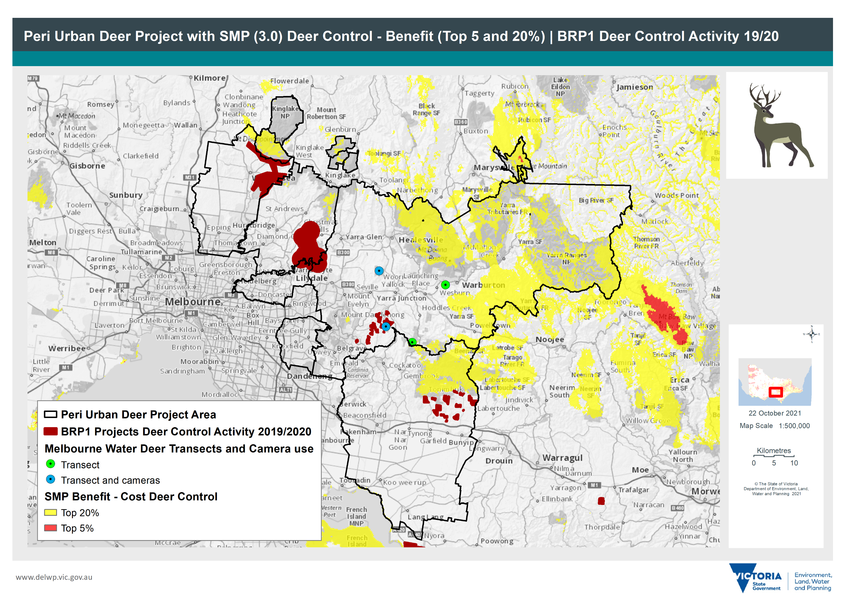  Map showing the Peri-urban area with Biodiversity Response Planning deer control areas in four local government areas from Whittlesea in the north diagonally through from top left to bottom right.