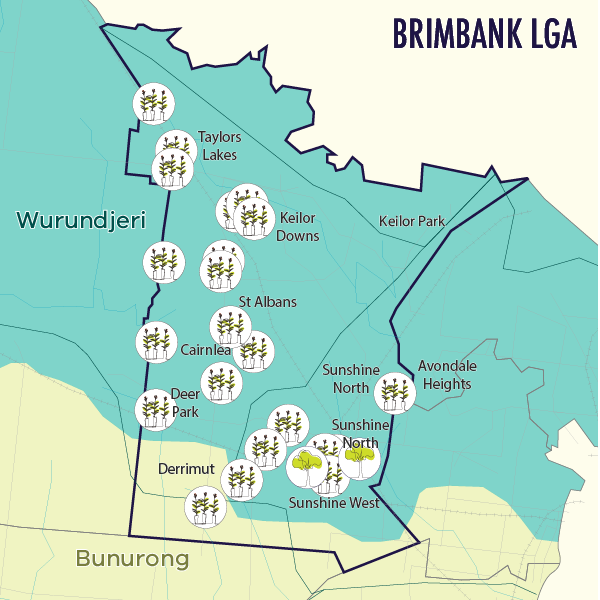 Map indicating locations of tree plantings in the Brimbank LGA