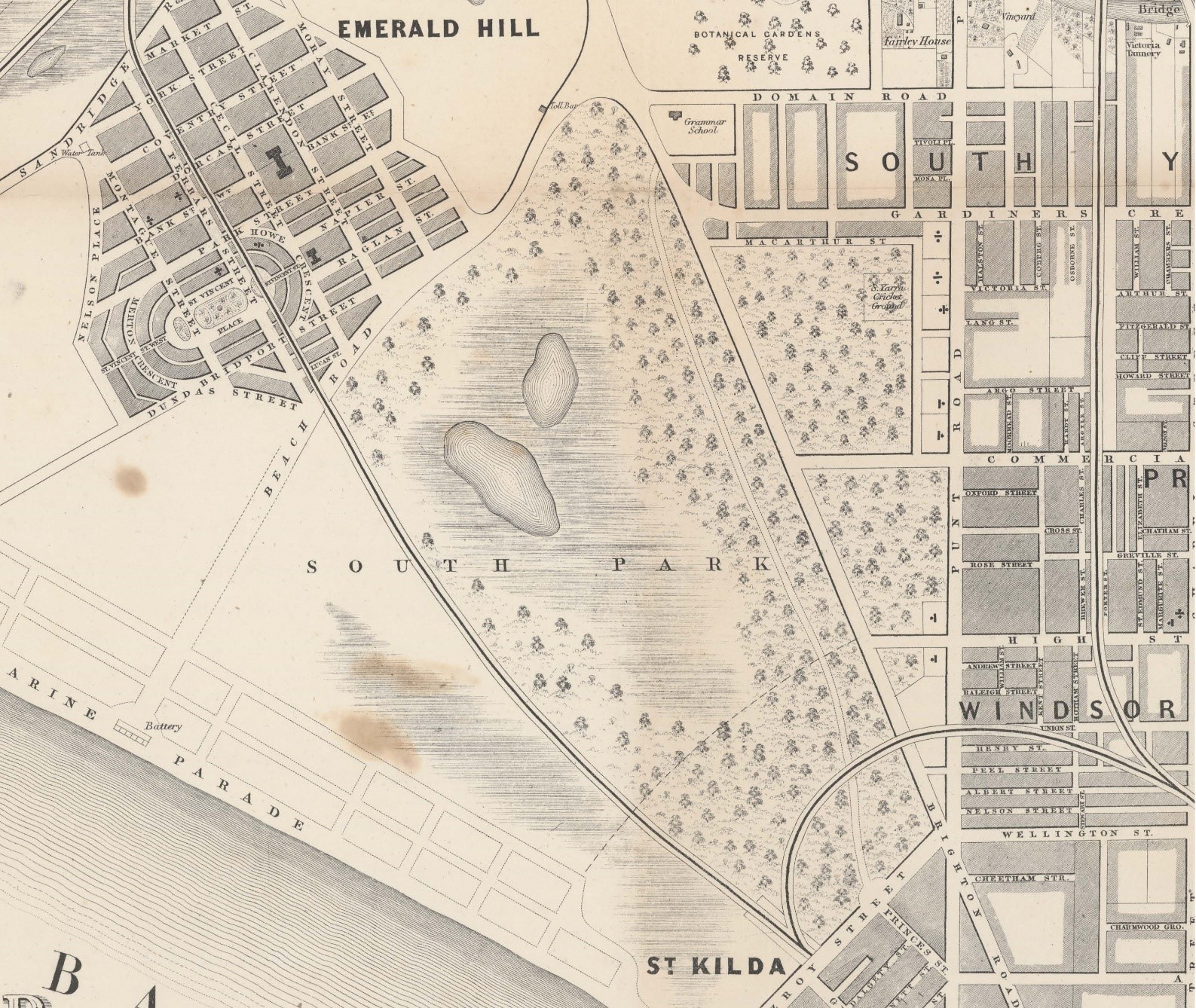 Detail from Map of Melbourne and surrounds showing Kerferd Road and Albert Park Lake. 