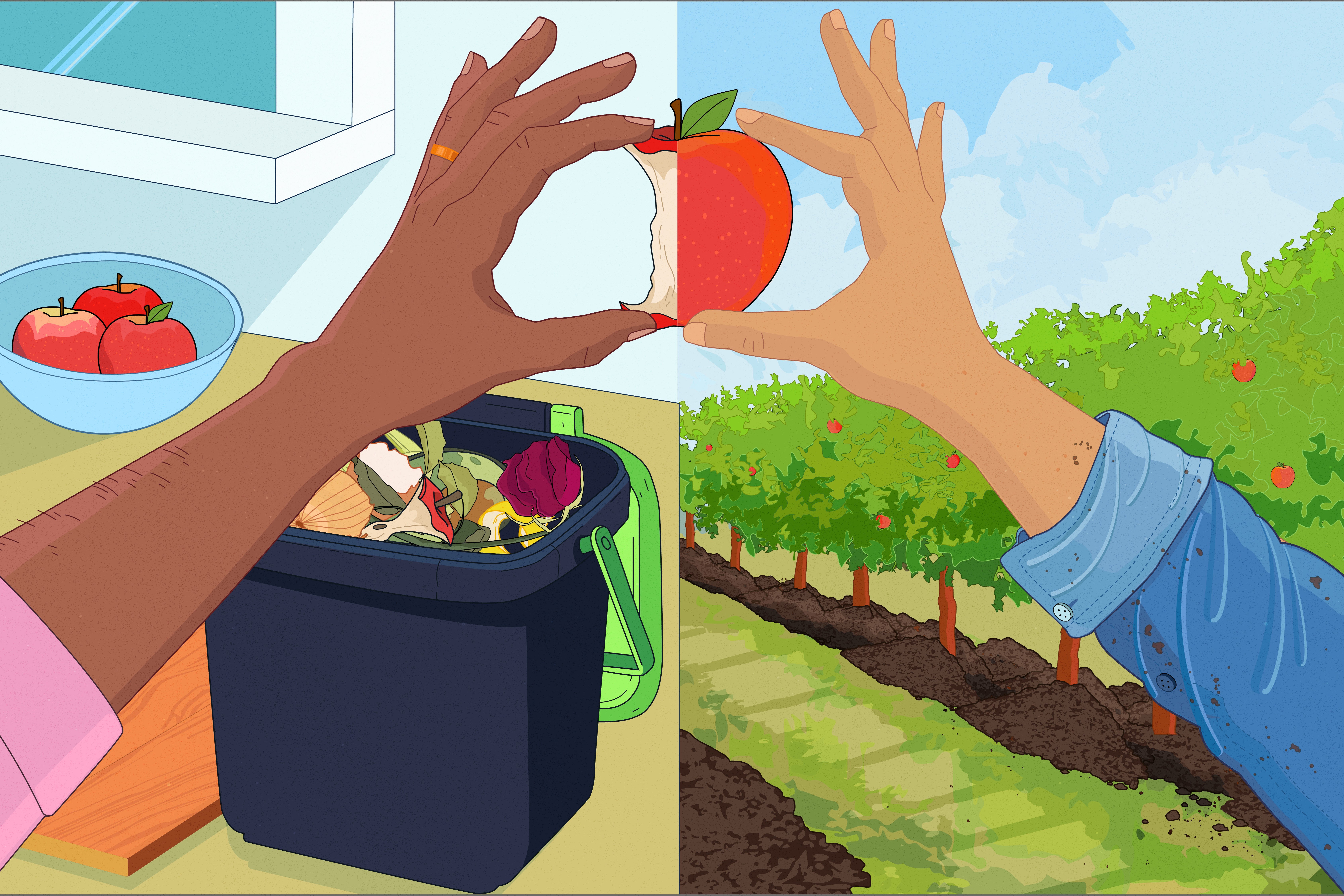 Illustration split into two halves showing contrasting approaches to food waste: one side depicts a hand holding a half-eaten apple above a compost bin filled with food scraps indoors, while the other side shows a hand holding a fresh apple in an orchard outdoors