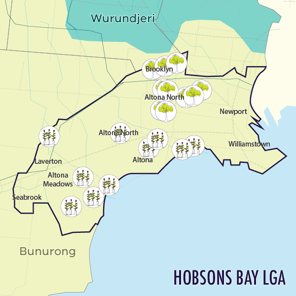 Map indicating locations of tree plantings in the Hobsons Bay LGA