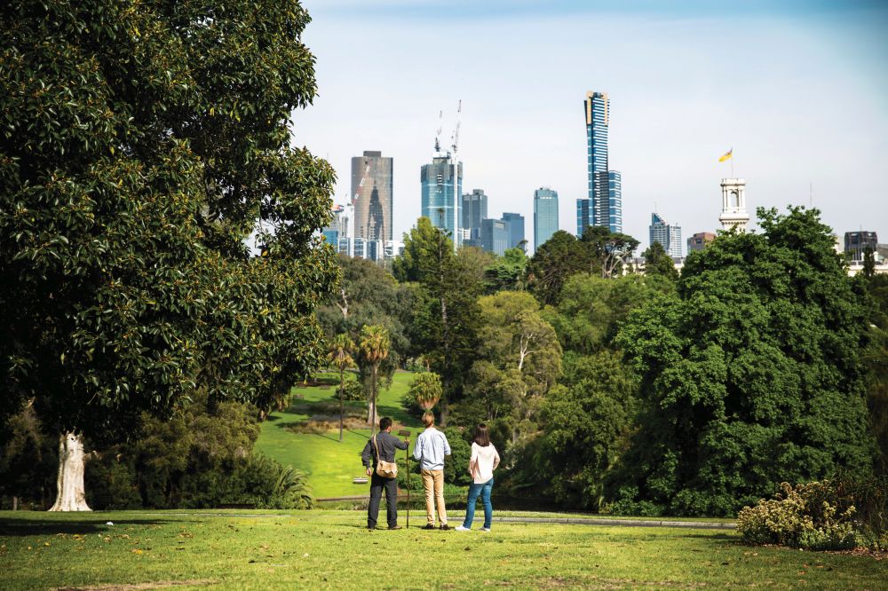 Three men standing in an open space park starting at the Melbourne Skyline