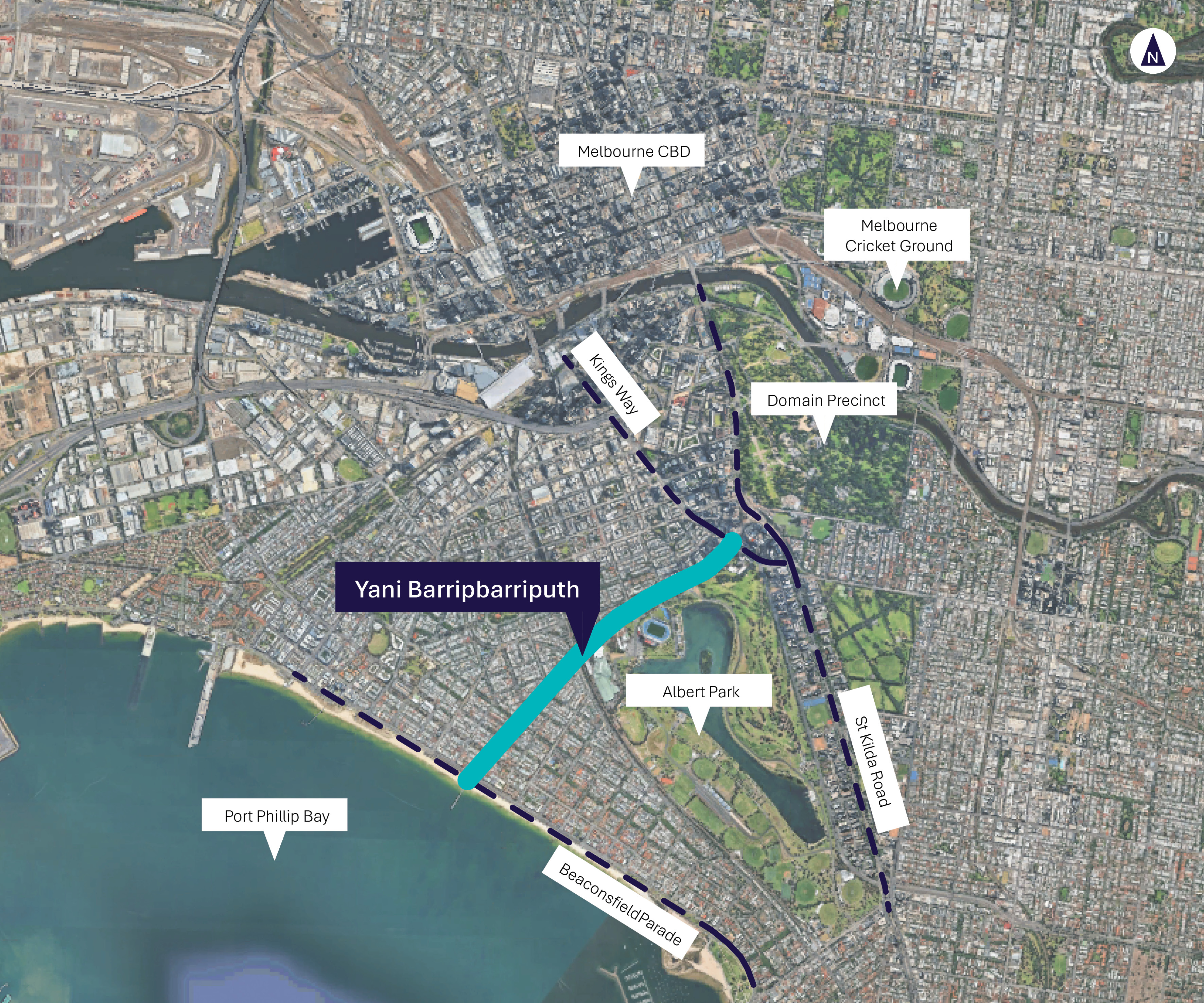 Map of Melbourne showing the location of the project location and boulevard highlighted in teal. Map has labels showing Yani Barripbarriputh and other notable features, including Port Phillip Bay, the Melbourne Cricket Ground, Albert Park and the Melbourne Central Business District