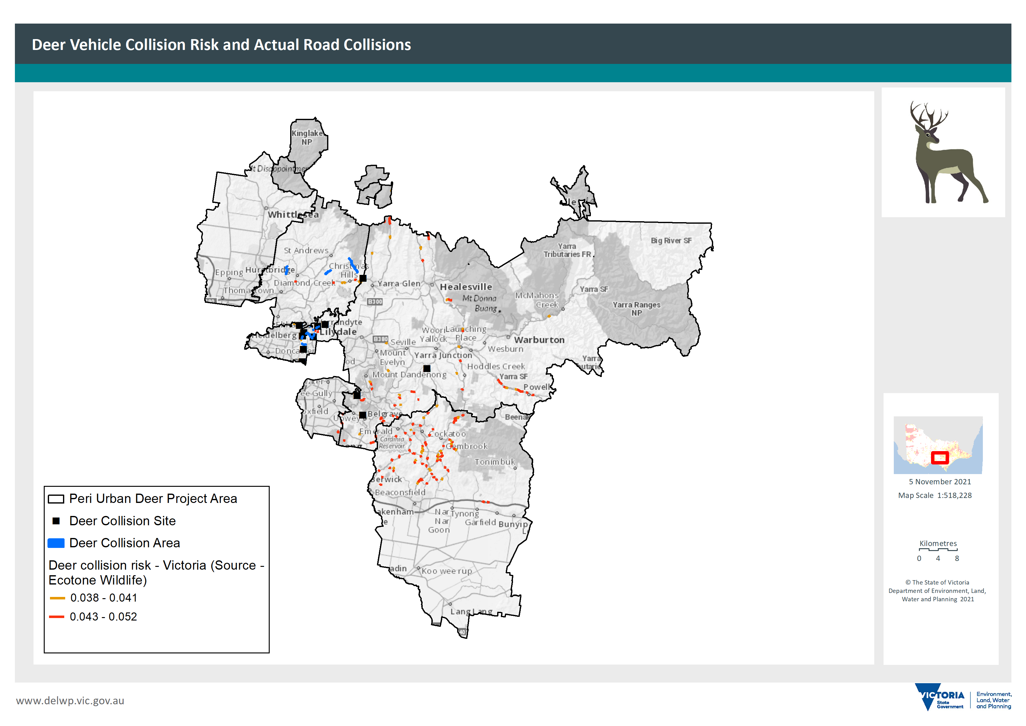 Map showing the Peri-urban area and vehicle collision sites with deer. A cluster is shown in the top portion of the Cardinia local government area. Other areas include sites in Manningham, Yarra Ranges and Nillumbik.