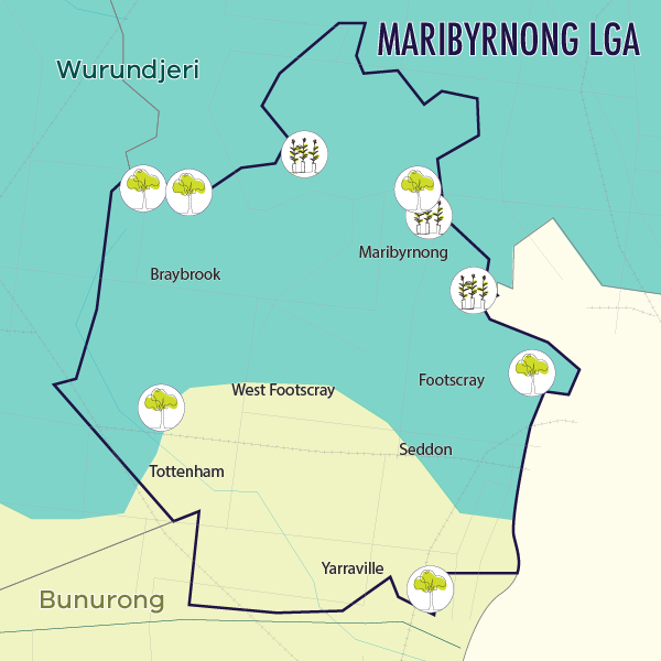 Map indicating locations of tree plantings in the Maribyrnong LGA