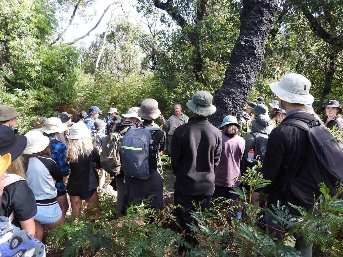 An image of high school students listening to a presentation by a staff member outdoors in nature.