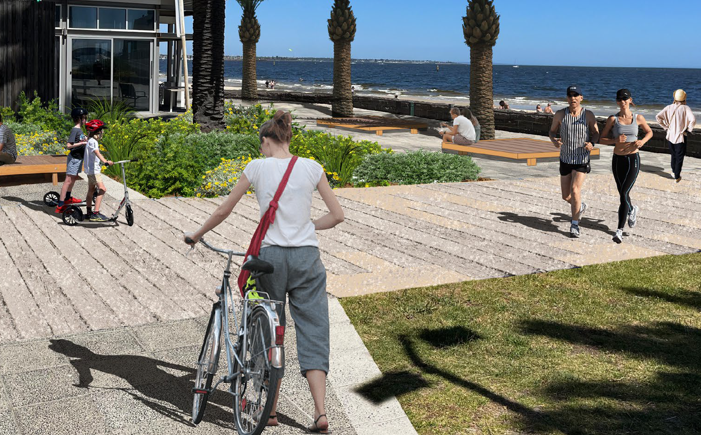 Digital rendering showing a foreshore with palm trees, bench seat, building and people moving through the space