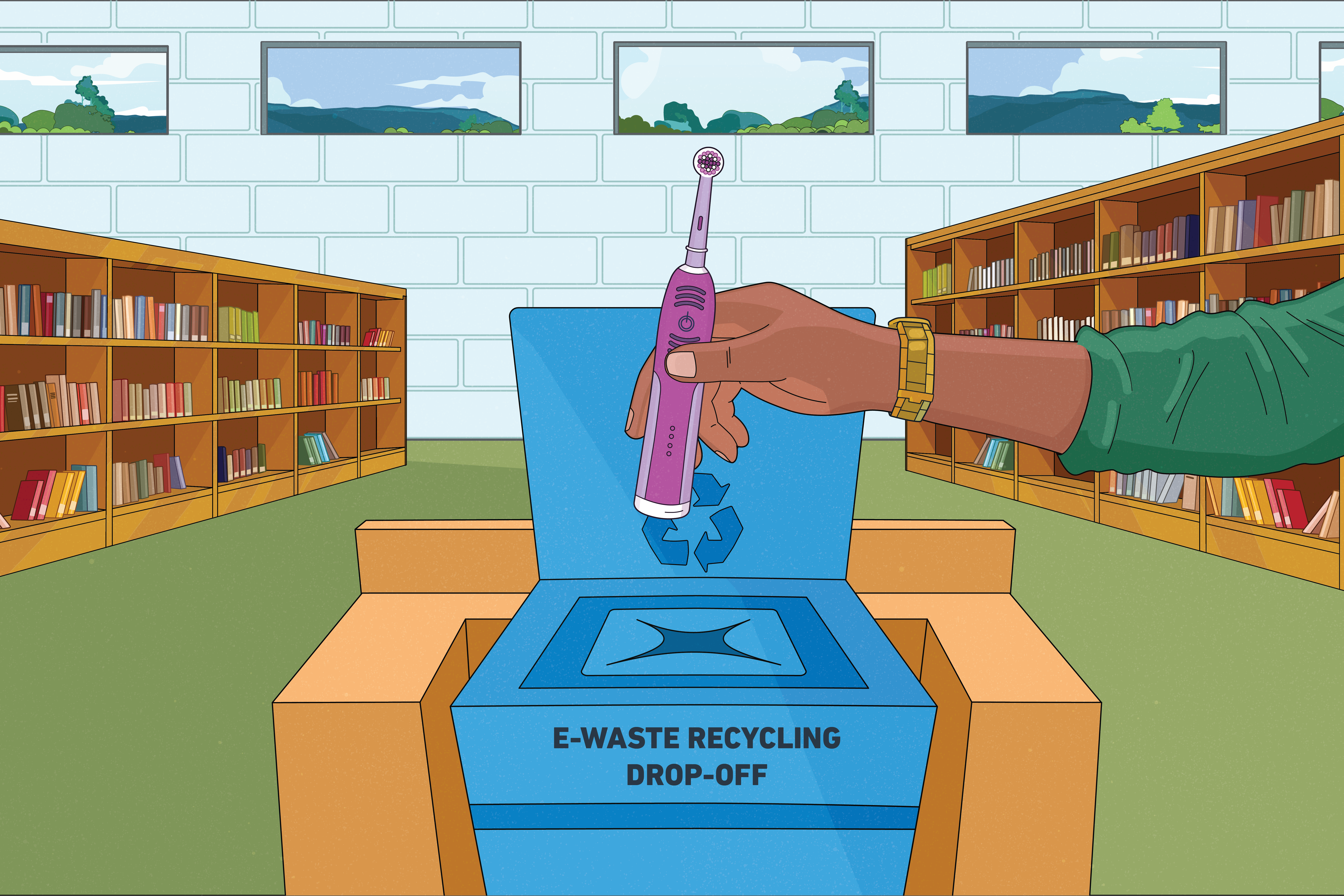 Illustration of a hand placing a purple electric toothbrush into a blue e-waste recycling drop-off box inside a library setting with bookshelves and windows