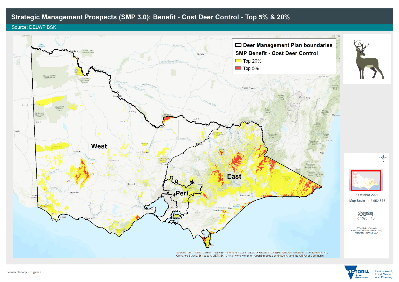 Map showing the top 5 and 20 per cent sites across Victoria that provide high cost benefits to a range of species through deer control.