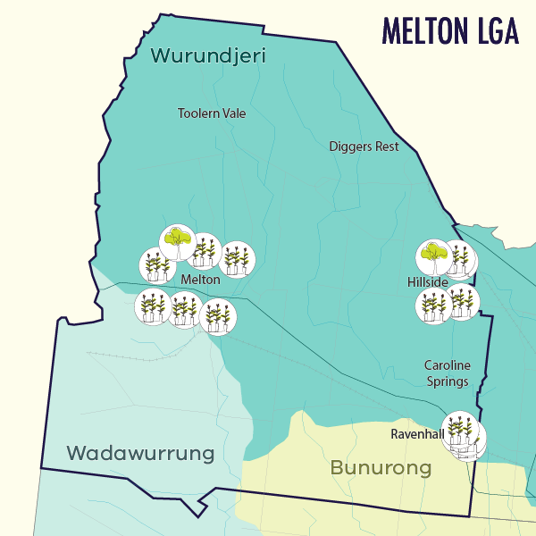 Map indicating locations of tree plantings in the Melton LGA