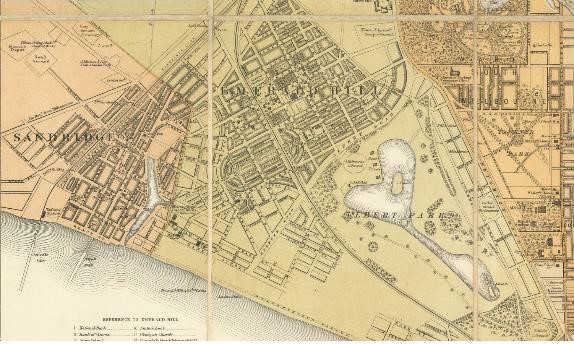 Detail from a map of Melbourne, c1880s showing the layout of roads and formalisation of Albert Park Lake. 