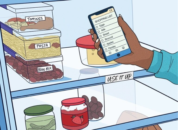 Illustration of an open refrigerator with labeled containers of toppings, pasta, and bean mix, alongside jars of pickles and strawberry jam