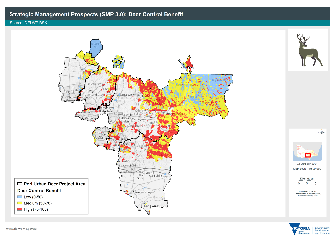 Map of Peri-urban Plan, shaded with Deer Control Benefit, low, medium and high.