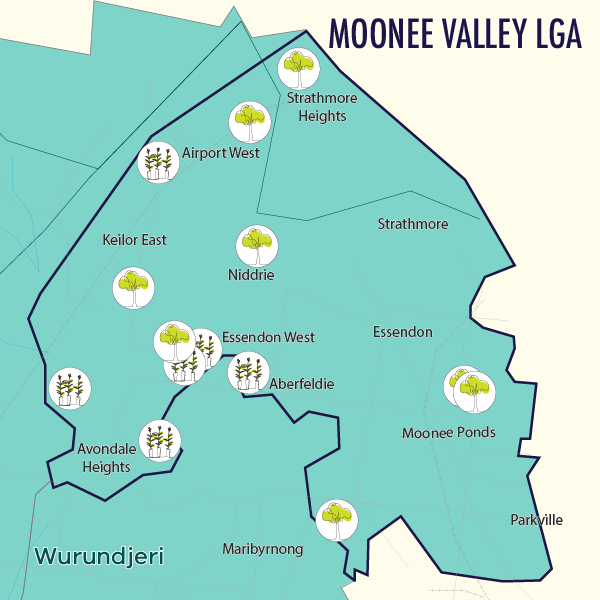 Map indicating locations of tree plantings in the Moonee Valley LGA
