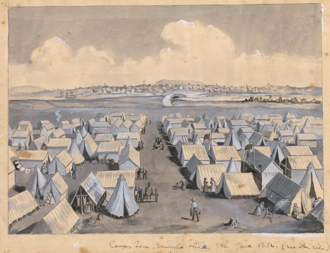 Canvas Town, Emerald Hill, Sth. Yarra, 1854. Watercolour painting by Raymond Lindsay. (Source State Library Victoria)