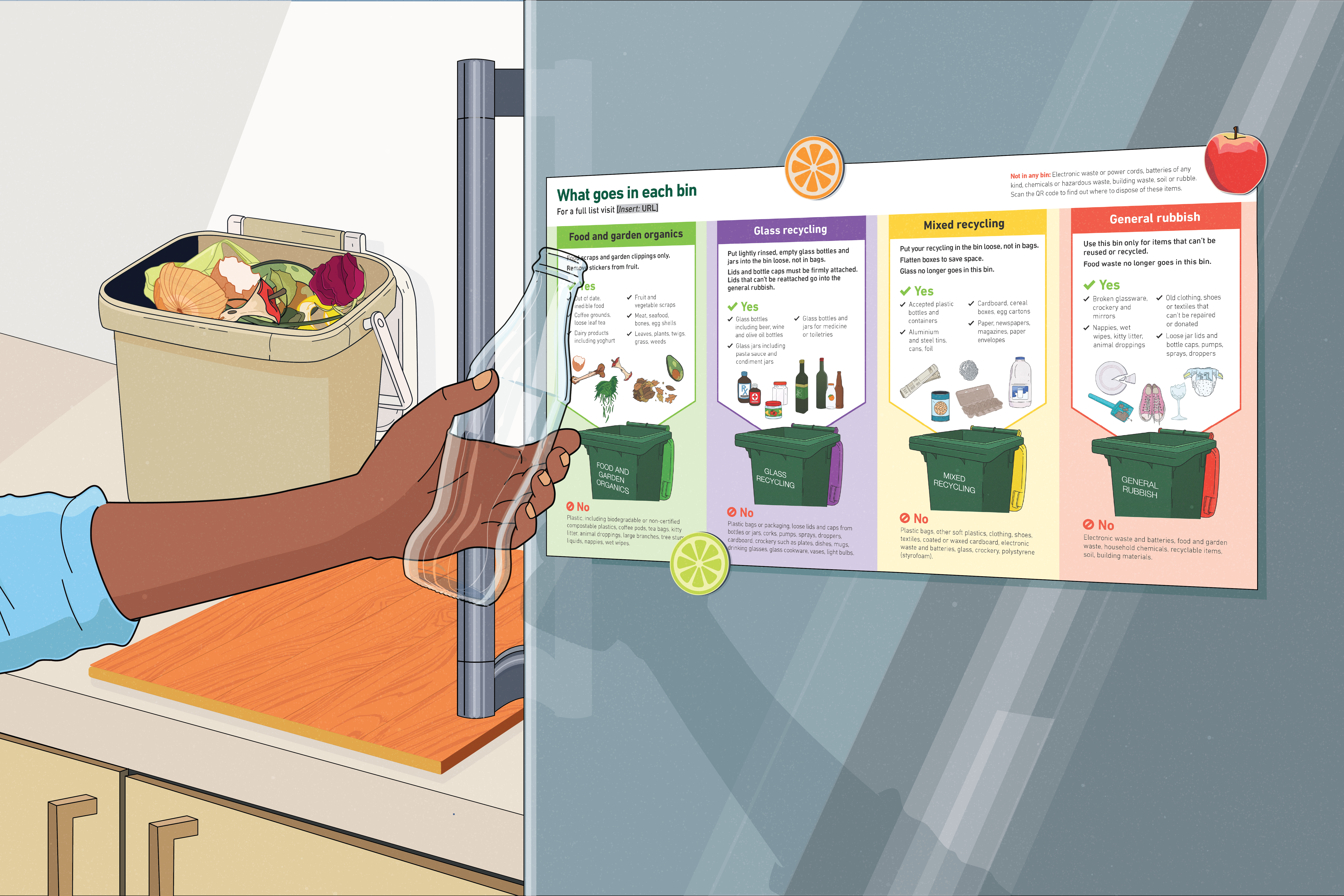 Illustration of a person holding a glass bottle in front of a fridge with a recycling information flyer on it