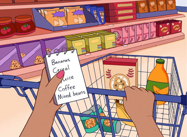 Illustration of a person pushing a shopping cart with a list in their hand