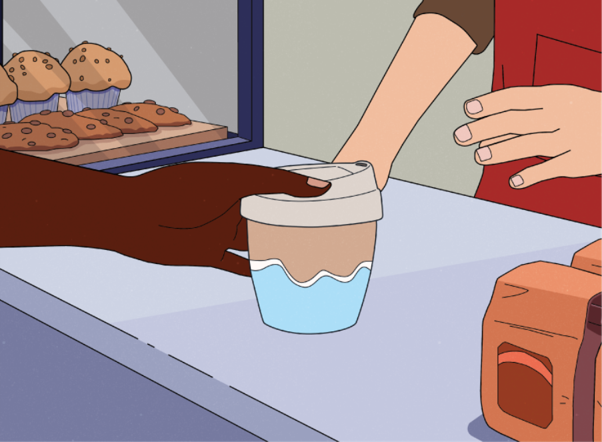 Illustration of a reusable coffee cup on a cafe counter