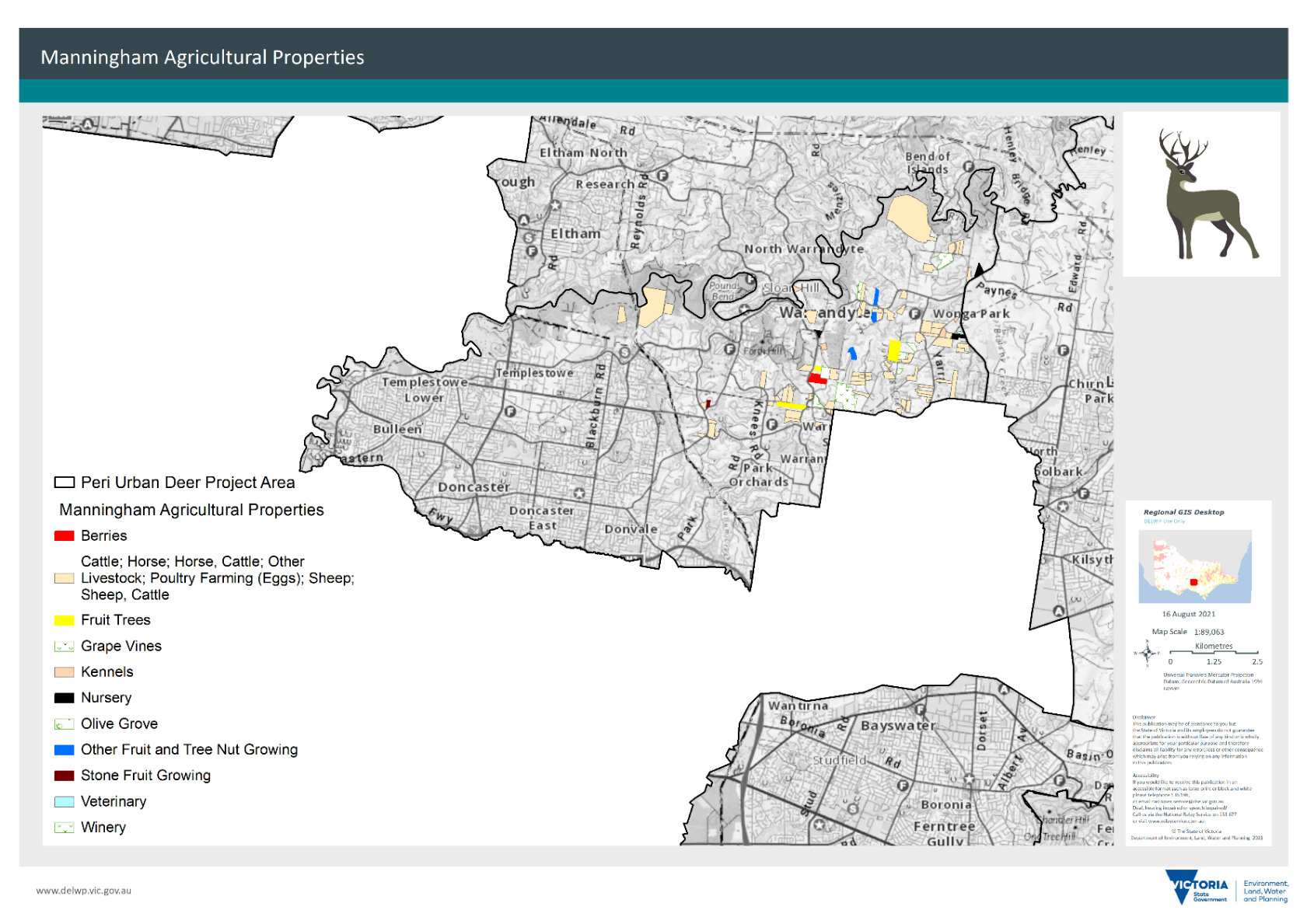 Map of the Manningham local government area indicating agricultural property uses such as stock horticulture and like uses.