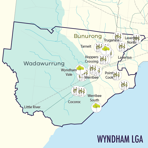 Map indicating locations of tree plantings in the Wyndham LGA
