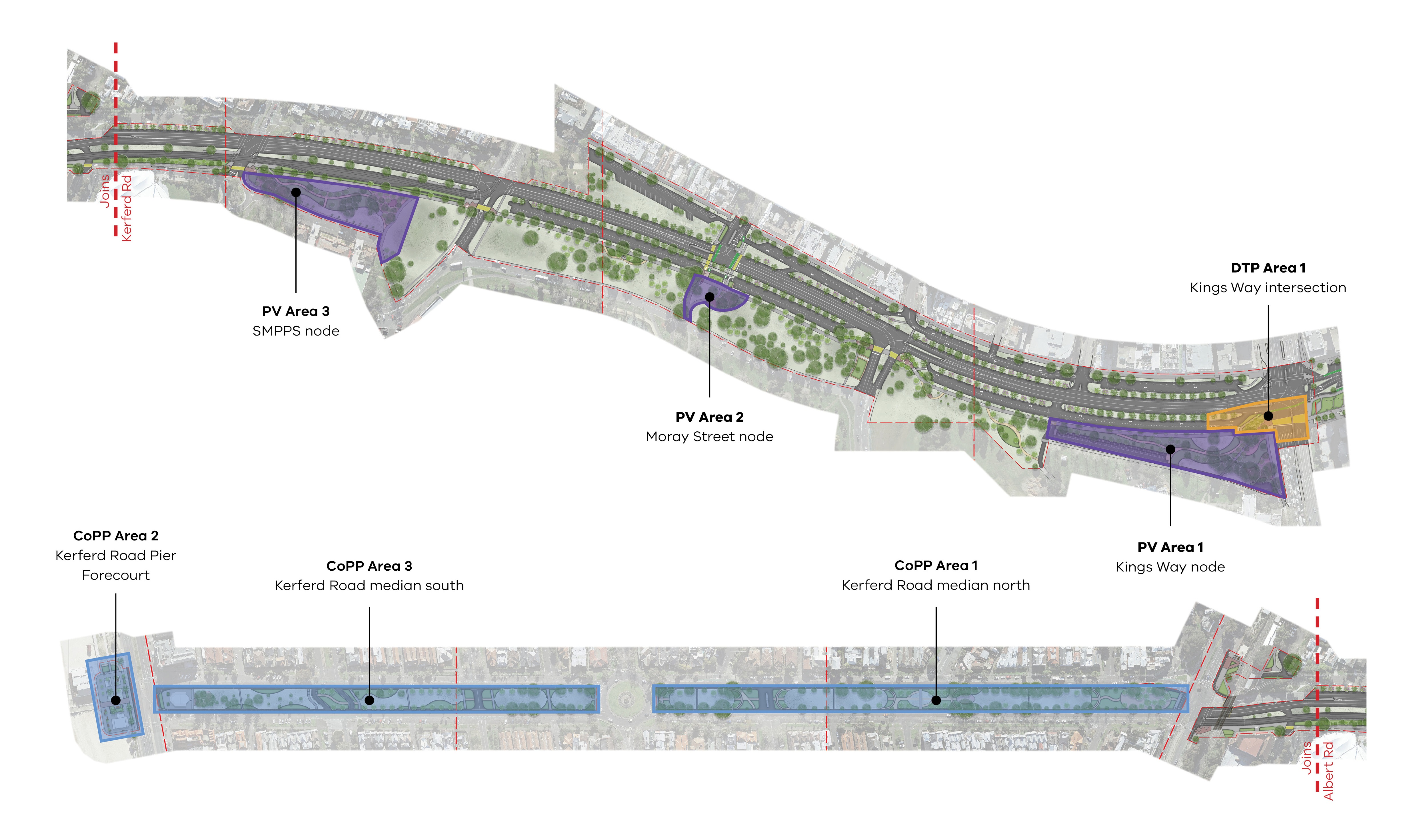 A map of the boulevard showing the scope of funded areas for improvements highlighted. Shows 3 nodes of delivery for Parks Victoria - Kings Way, Moray Street and South Melbourne Park Primary School, one node for Department of Transport and Planning at the Kings Way intersection, and 3 nodes to be delivered by City of Port Phillip - the Kerferd Road Pier Forecourt, Kerferd Road median south and Kerferd Road median north.