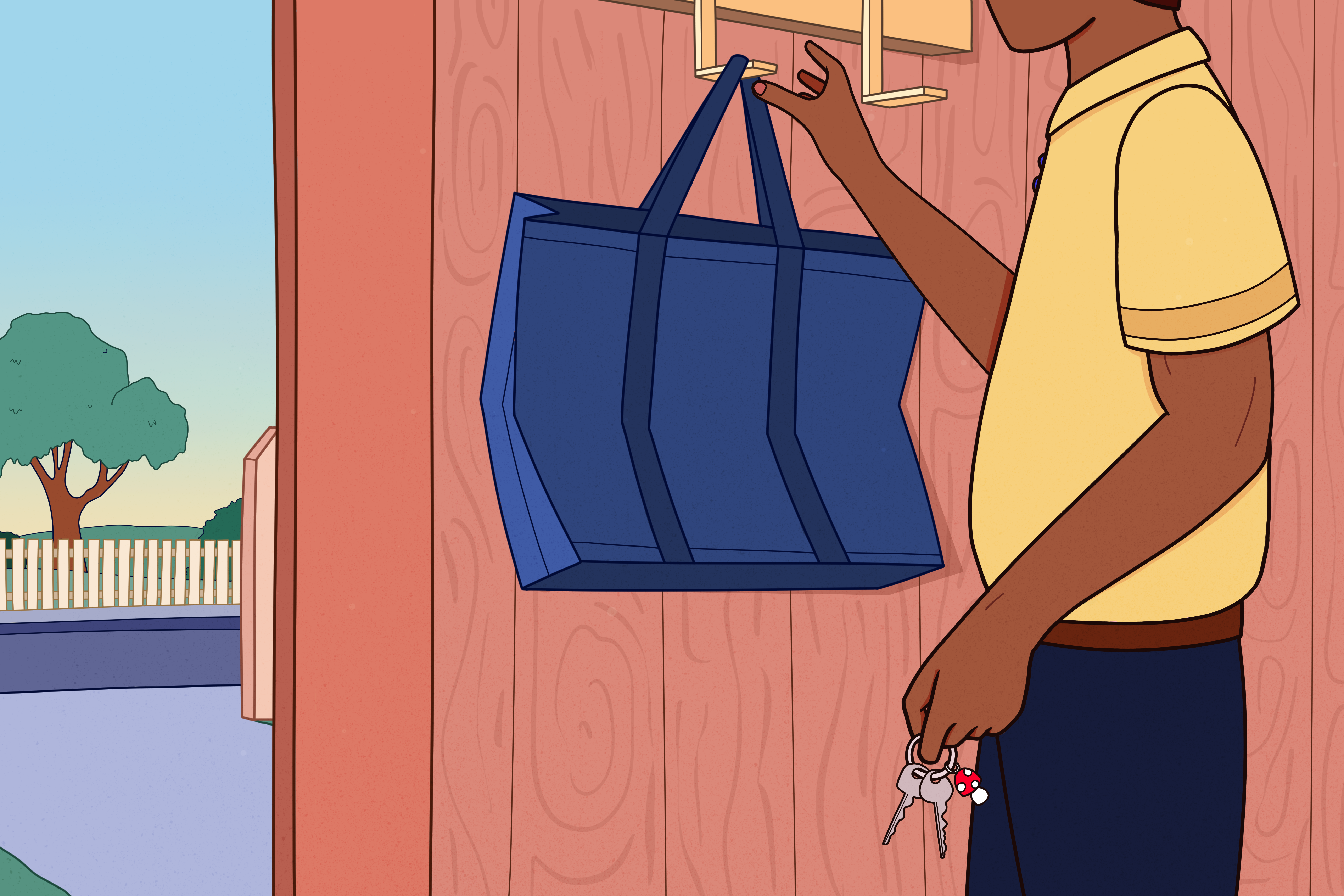 Illustration of a person grabbing a reusable bag before walking out of their front door