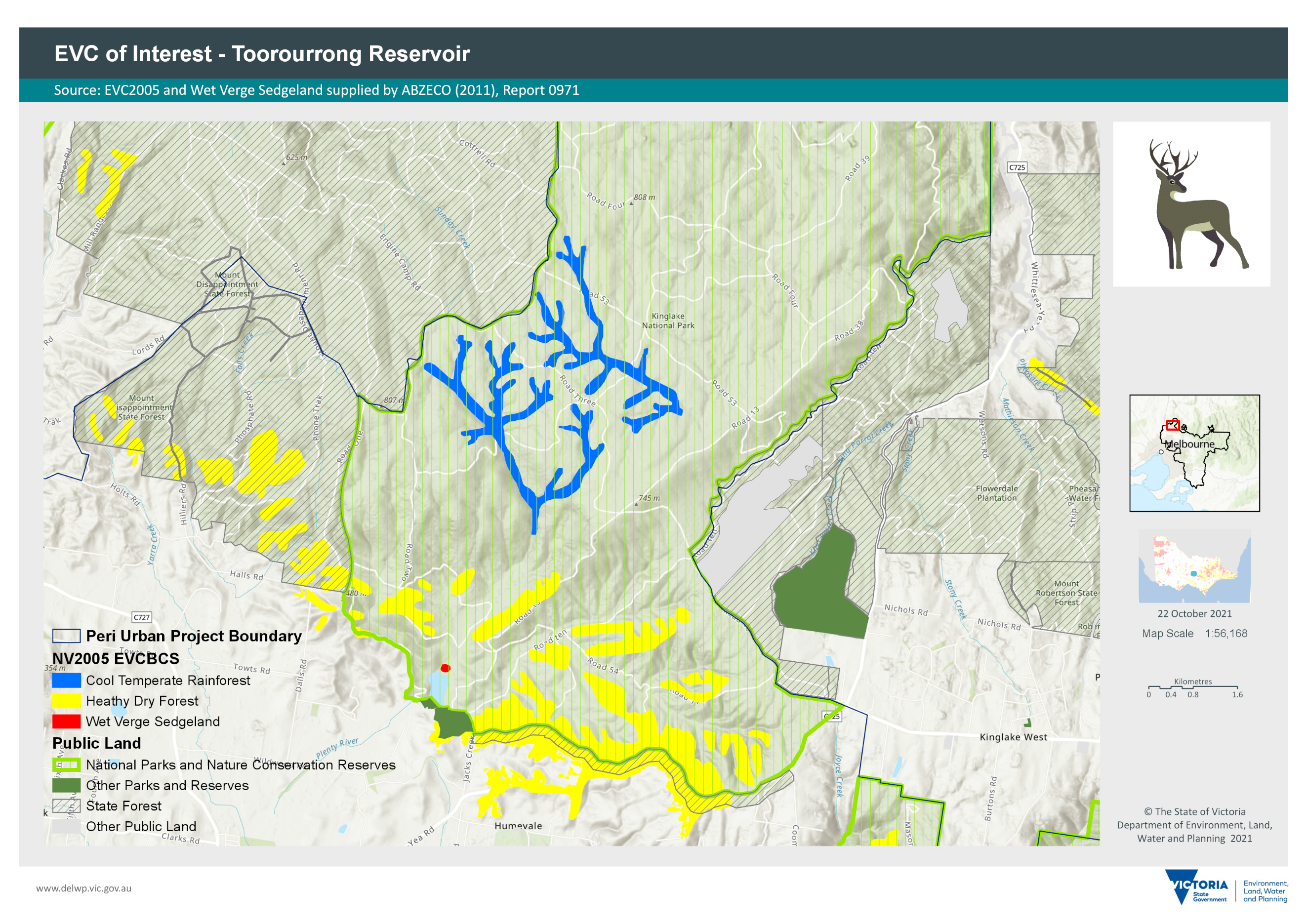 Map of part of Kinglake National Park near Toorourrong Reservoir with three EVCs being impacted by deer on the southern margin of the park.