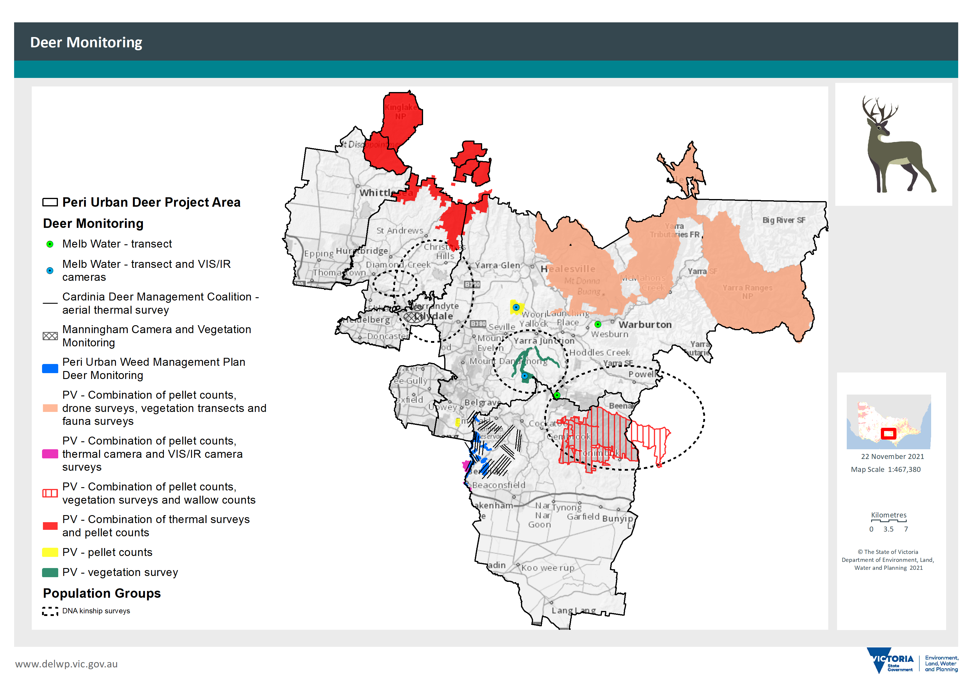 Map showing Peri-urban Plan area, deer monitoring and population groups of deer.