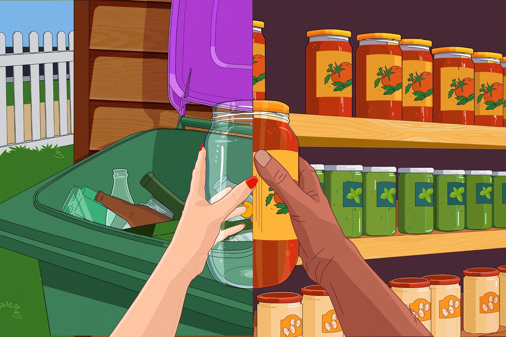 Split-screen illustration showing two contrasting scenes: left side depicts a hand placing a glass jar into a green recycling bin with glass bottles inside, while right side shows a hand holding a jar of tomato sauce in front of shelves stocked with various jars of preserved food.