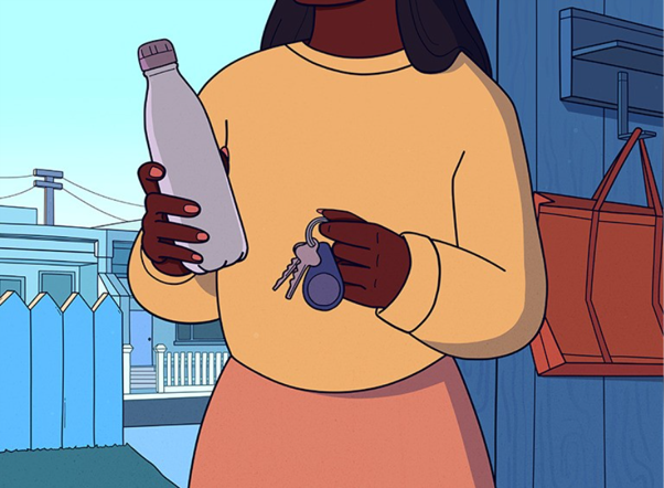 Illustration of person holding a reusable bottle standing at their open front door