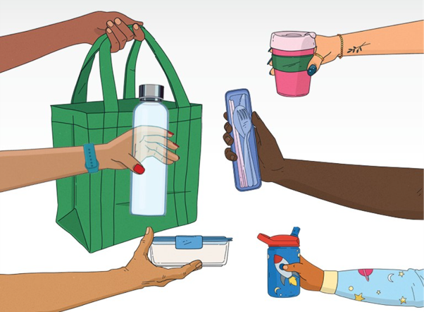 Illustration showing diverse hands holding reusable items including a green tote bag, a water bottle, a container, a set of utensils, a reusable cup, and a children's sippy cup.